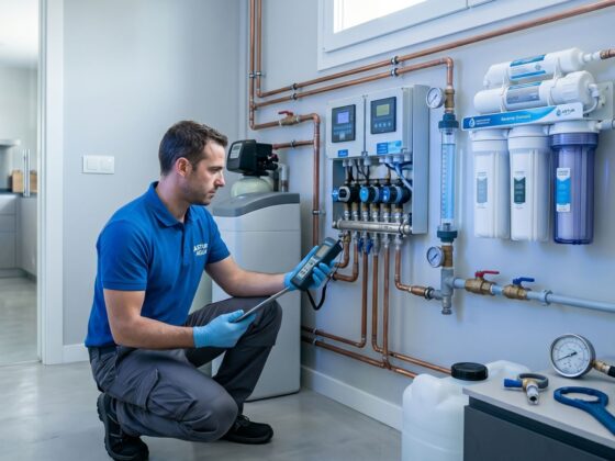 alt="Técnico especialista revisando un sistema moderno de filtrado y tratamiento de agua en una vivienda de Asturias."