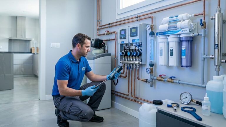alt="Técnico especialista revisando un sistema moderno de filtrado y tratamiento de agua en una vivienda de Asturias."